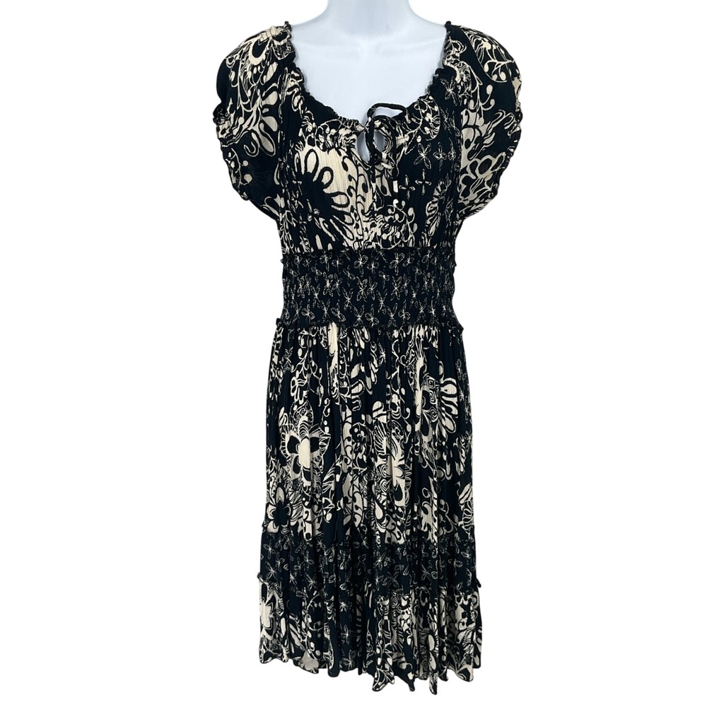 Bila Dress Womens Small Black Boho Floral Smocked Waist Tiered Peasant Indie